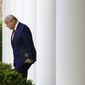 President Donald Trump arrives to speak at a coronavirus task force briefing in the Rose Garden of the White House, Sunday, March 29, 2020, in Washington. (AP Photo/Patrick Semansky)