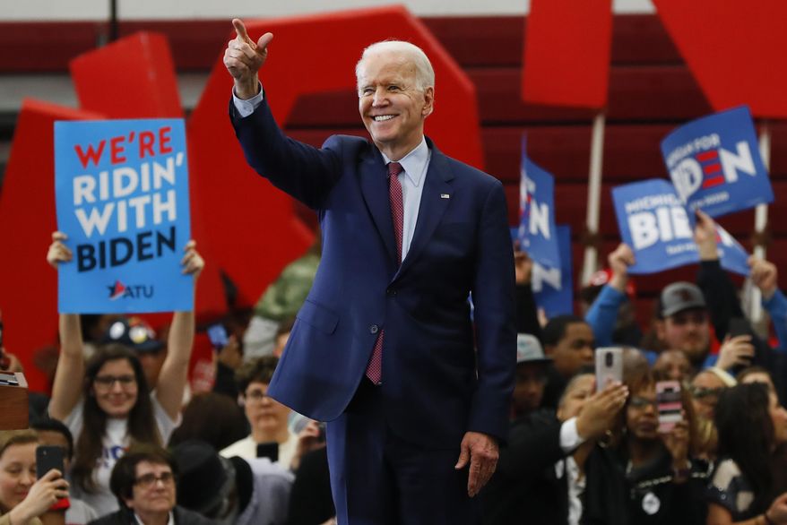 In this March 9, 2020, file photo Democratic presidential candidate former Vice President Joe Biden speaks during a campaign rally at Renaissance High School in Detroit. (AP Photo/Paul Sancya, File)