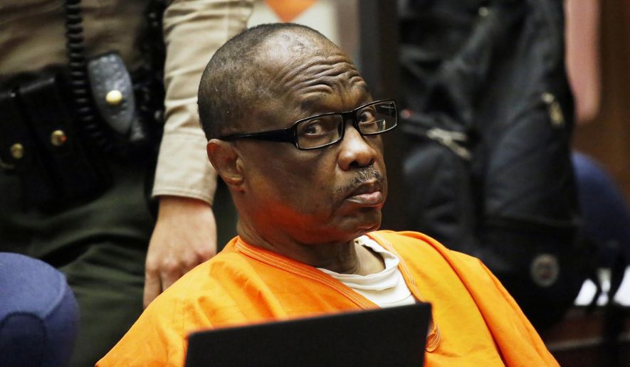 FILE - In this Aug. 10, 2016, file photo, Lonnie Franklin Jr., a convicted serial killer known as the "Grim Sleeper," is sentenced in Los Angeles Superior Court. Lonnie Franklin has died in a California prison. He was 67. Corrections officials said Franklin was found unresponsive in his cell at San Quentin State Prison Saturday, March 28, 2020. An autopsy will determine the cause of death; however, there were no signs of trauma, corrections spokeswoman Terry Thornton said in a statement. (Al Seib/Los Angeles Times via AP, Pool, File)