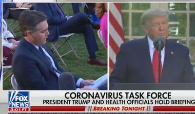 In this file photo from March 30, 2020, CNN&#39;s Jim Acosta questions President Trump on his handling of the coronavirus pandemic. (Image: Fox News video screenshot)  **FILE**