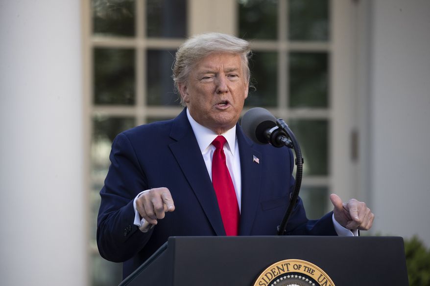 President Donald Trump speaks about the coronavirus in the Rose Garden of the White House, Monday, March 30, 2020, in Washington. (AP Photo/Alex Brandon)