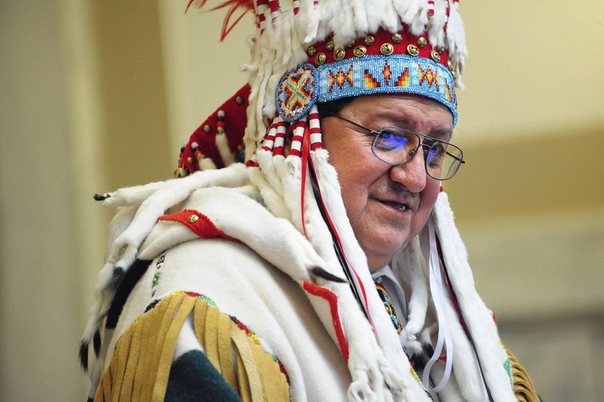 FILE - In this Thursday Feb. 3, 2011 file photo Blackfeet Nation chairman Willie Sharp talks during his State of the Tribal Nations Address at the Montana capitol in Helena, Mont. Sharp was sentenced Monday, March 30, 2020, to 10 months in prison for a scheme that stole money from a tribal early education program. (Eliza Wiley/Independent Record via AP)