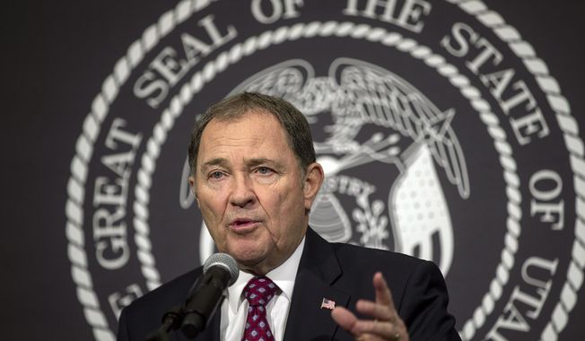Utah Gov. Gary Herbert shares updates during a COVID-19 pandemic press conference Monday, March 30, 2020, at the Utah State Capitol, in Salt Lake City. (Scott G Winterton/Deseret News, via AP, Pool)