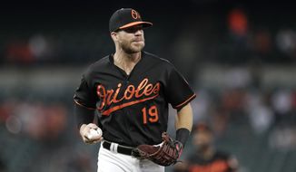 FILE - In this Sept. 20, 2019, file photo, Baltimore Orioles first baseman Chris Davis warms up during the first inning of a baseball game against the Seattle Mariners in Baltimore. Following three straight frustrating seasons that led him to consider retirement, Davis was in the midst of an outstanding spring training when Major League baseball screeched to a halt because of the deadly coronavirus. Now, as he strives to find ways to keep his three daughters amused while confined to his house. Davis remains confident that he&#39;s poised to return to the form he displayed in 2015. (AP Photo/Julio Cortez, File)