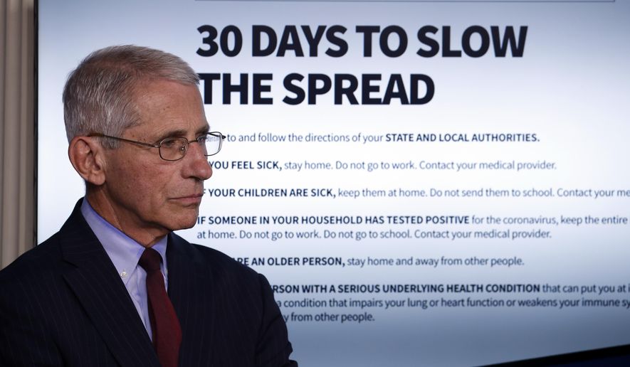 Dr. Anthony Fauci, director of the National Institute of Allergy and Infectious Diseases, listens as President Donald Trump speaks about the coronavirus in the James Brady Press Briefing Room of the White House, Tuesday, March 31, 2020, in Washington. (AP Photo/Alex Brandon)