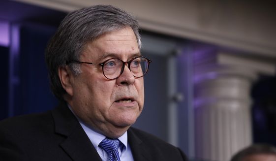 Attorney General William Barr speaks about the coronavirus in the James Brady Press Briefing Room of the White House on Wednesday, April 1, 2020. (AP Photo/Alex Brandon) **FILE**