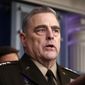 Chairman of the Joint Chiefs Gen. Mark Milley speaks about the coronavirus in the James Brady Press Briefing Room of the White House, Wednesday, April 1, 2020, in Washington. (AP Photo/Alex Brandon)
