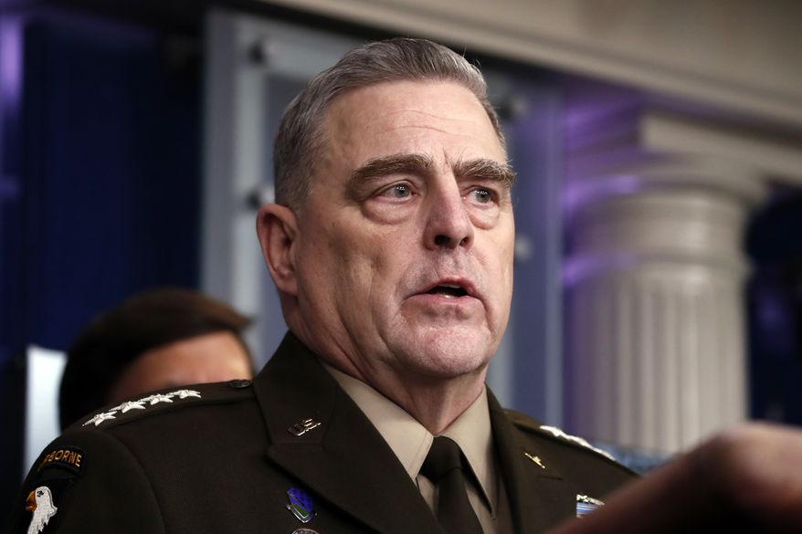 Chairman of the Joint Chiefs Gen. Mark Milley speaks about the coronavirus in the James Brady Press Briefing Room of the White House, Wednesday, April 1, 2020, in Washington. (AP Photo/Alex Brandon)