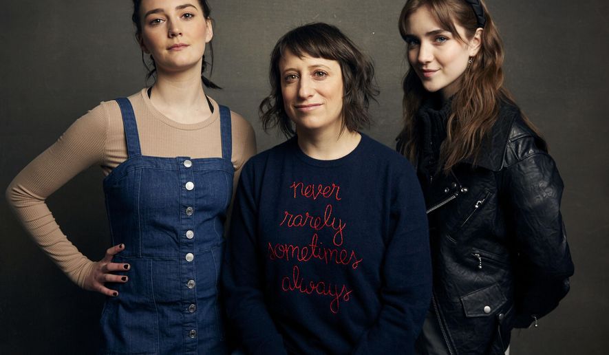 FILE - In this Jan. 25, 2020 file photo, actress Sidney Flanigan, from left, writer/director Eliza Hittman and actress Talia Ryder pose for a portrait to promote their film "Never Rarely Sometimes Always" at the Music Lodge during the Sundance Film Festival in Park City, Utah. The film won The Silver Bear Grand Jury Prize at the Berlinale Film Festival. (Photo by Taylor Jewell/Invision/AP, File)