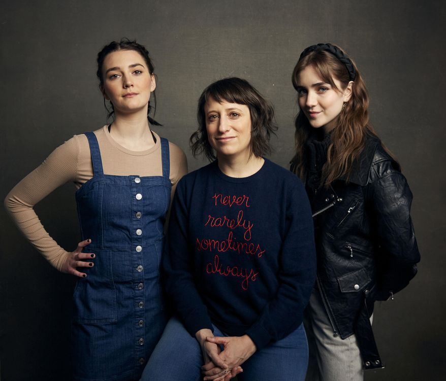 FILE - In this Jan. 25, 2020 file photo, actress Sidney Flanigan, from left, writer/director Eliza Hittman and actress Talia Ryder pose for a portrait to promote their film "Never Rarely Sometimes Always" at the Music Lodge during the Sundance Film Festival in Park City, Utah. The film won The Silver Bear Grand Jury Prize at the Berlinale Film Festival. (Photo by Taylor Jewell/Invision/AP, File)