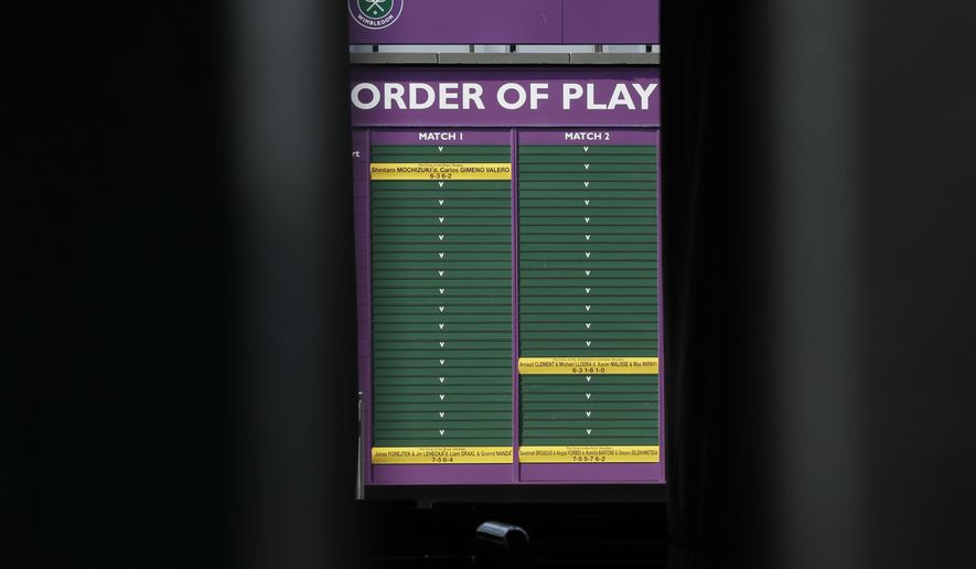An order of play sign in the grounds of Wimbledon as it is announced that the Wimbledon tennis Championships 2020 has been cancelled due to public health concerns linked to the coronavirus, in London, Wednesday, April 1, 2020. The new coronavirus causes mild or moderate symptoms for most people, but for some, especially older adults and people with existing health problems, it can cause more severe illness or death.(AP Photo/Kirsty Wigglesworth)