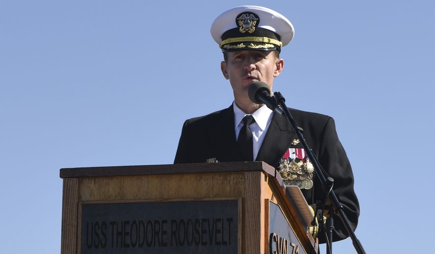 SAN DIEGO (Nov. 1, 2019) Capt. Brett Crozier addresses the crew for the first time as commanding officer of the aircraft carrier USS Theodore Roosevelt (CVN 71). (U.S. Navy photo)