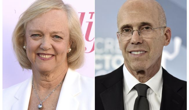 This combination photo shows Meg Whitman at The Hollywood Reporter&#x27;s Women in Entertainment Breakfast Gala in Los Angeles on Dec. 11, 2019, left, and Jeffrey Katzenberg at the 26th annual Screen Actors Guild Awards in Los Angeles on Jan. 19, 2020. Katzenberg and Whitman are bringing Quibi to a phone near you with movies, shows and news served in quick bites. (AP Photo)