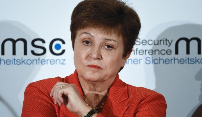 Kristalina Georgieva, Managing Director of the International Monetary Fund, attends a session on the first day of the Munich Security Conference in Munich, Germany, Feb. 14, 2020. (AP Photo/Jens Meyer) ** FILE **
