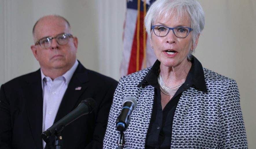 Maryland Deputy Health Secretary Fran Phillips speaks at a news conference in Annapolis, Md., on Friday, April 3, 2020, with Gov. Larry Hogan to provide an update on the state&#x27;s response to the coronavirus. (AP Photo/Brian Witte)