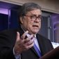 Attorney General William Barr speaks about the coronavirus in the James Brady Press Briefing Room of the White House, Wednesday, April 1, 2020, in Washington. (AP Photo/Alex Brandon) **FILE**