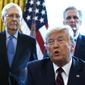 President Donald Trump speaks before he signs the coronavirus stimulus relief package in the Oval Office at the White House, Friday, March 27, 2020, in Washington, as Senate Majority Leader Mitch McConnell, R-Ky., and House Minority Leader Kevin McCarthy of Calif., listen. (AP Photo/Evan Vucci)