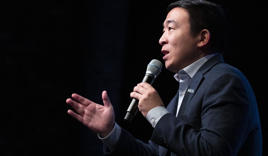 In this Feb. 5, 2020, file photo, Democratic presidential candidate and entrepreneur Andrew Yang speaks during the New Hampshire Youth Climate and Clean Energy Town Hall, in Concord, N.H. (AP Photo/Mary Altaffer, File)