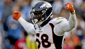 FILE - In this Dec. 6, 2015, file photo, Denver Broncos outside linebacker Von Miller celebrates a sack against the San Diego Chargers during the second half in an NFL football game in San Diego. Miller was selected to the 2010s NFL All-Decade Team announced Monday, April 6, 2020, by the NFL and the Pro Football Hall of Fame. (AP Photo/Gregory Bull, FIle)