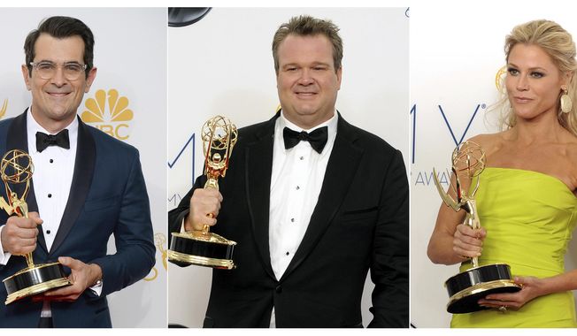 This combination photo shows award winning cast members of &amp;quot;Modern Family&amp;quot;, from left, Ty Burrell with the Emmy for supporting actor in a comedy series at the Emmy Awards in Los Angeles on Aug. 25, 2014, Eric Stonestreet with his award for best supporting actor in a comedy series at the Emmy Awards in Los Angeles on Sept. 23, 2012 and Julie Bowen with her award for best supporting actress in a comedy series at the Emmy Awards in Los Angeles on Sept. 23, 2012. Each actor has won two supporting awards during the series&#x27; 11-season run. The two-hour finale airs at 9 p.m. EDT on Wednesday. (AP Photo)