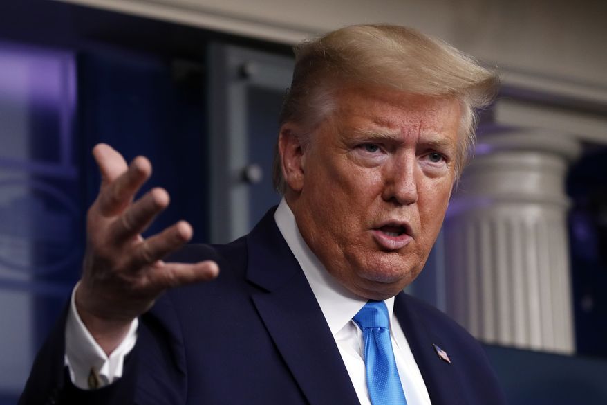 President Donald Trump speaks about the coronavirus in the James Brady Press Briefing Room of the White House, Tuesday, April 7, 2020, in Washington. (AP Photo/Alex Brandon)