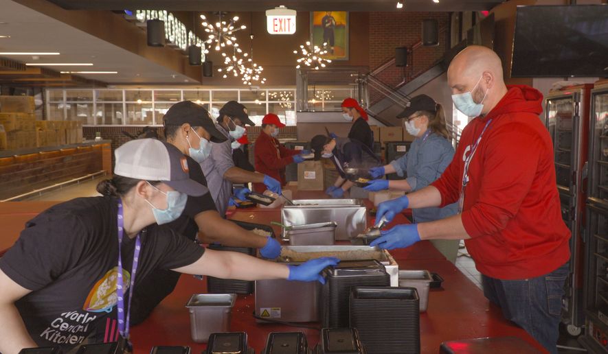 Volunteers for World Central Kitchen, founded by chef and philanthropist José Andrés, prepare meals for those in need during the coronavirus pandemic at Nationals Park in Washington, D.C. on Tuesday, April 7, 2020. (Photo courtesy of Washington Nationals)