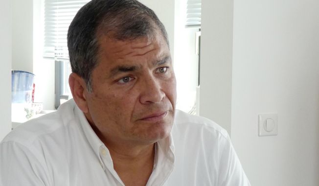 FILE - In this July 5, 2018 file photo, Ecuador&#x27;s former President Rafael Correa gives an interview at his family home near Brussels, Belgium. An Ecuadorian court found Correa guilty of corruption on April 7, 2020, and sentenced him to eight years in prison, further sullying the legacy of one of the nation’s most enduring and polemic political leaders. (Mark Carlson/AP Photo, File)