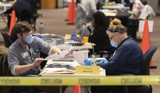 City of Milwaukee Election Commission workers process absentee ballots in Wisconsin&#x27;s presidential primary election, Tuesday, April 7, 2020, in Milwaukee, Wis. (Mark Hoffman/Milwaukee Journal-Sentinel via AP)