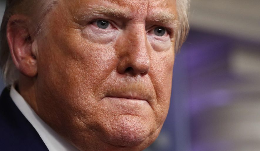 President Donald Trump speaks about the coronavirus in the James Brady Press Briefing Room of the White House, Monday, April 6, 2020, in Washington. (AP Photo/Alex Brandon)