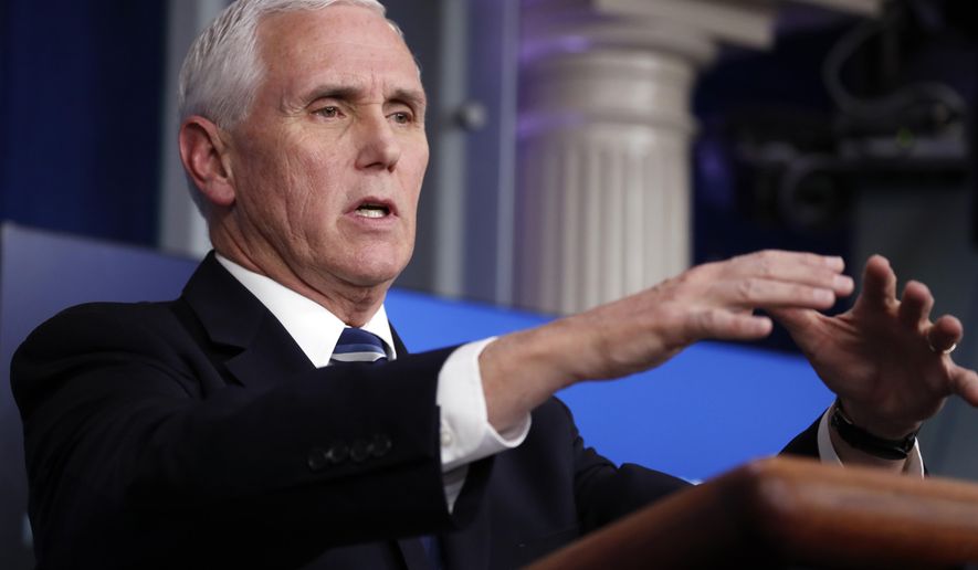 Vice President Mike Pence speaks about the coronavirus in the James Brady Press Briefing Room of the White House, Tuesday, April 7, 2020, in Washington. (AP Photo/Alex Brandon)