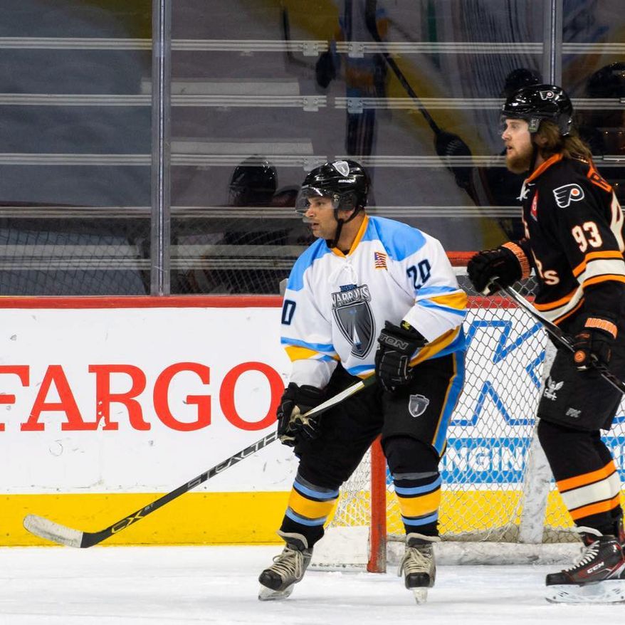 Shannon Jackson (No. 20) plays in a District Warriors hockey game against the Philadelphia Flyers Warriors team at Wells Fargo Center in Philadelphia on Feb. 5. (Photo courtesy of Damien Windt)