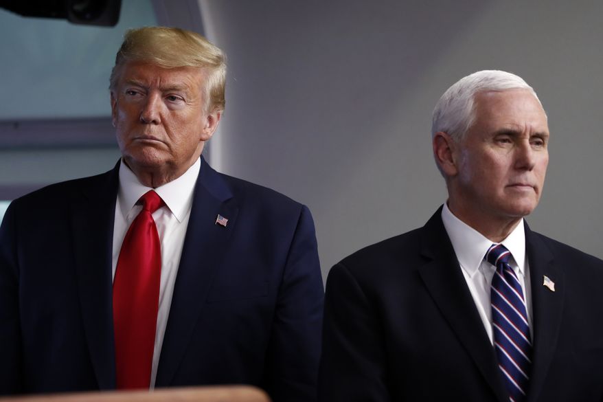 President Donald Trump and Vice President Mike Pence listen as Secretary of State Mike Pompeo peaks about the coronavirus in the James Brady Press Briefing Room of the White House, Wednesday, April 8, 2020, in Washington. (AP Photo/Alex Brandon)