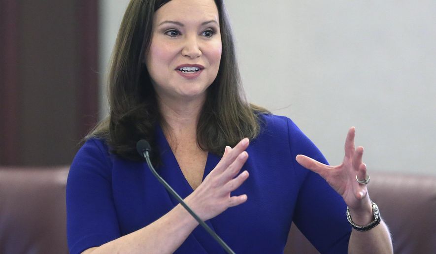 In this Oct. 29, 2019 file photo, Florida's attorney general Ashley Moody speaks at a news conference in Tallahassee, Fla. Moody filed 50 investigative subpoenas to identify sellers as part of price-gouging investigation. (AP Photo/Steve Cannon, File)
