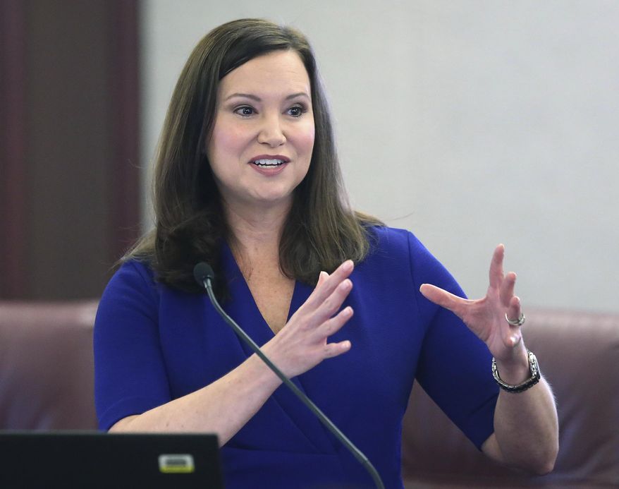 In this Oct. 29, 2019 file photo, Florida's attorney general Ashley Moody speaks at a news conference in Tallahassee, Fla. Moody filed 50 investigative subpoenas to identify sellers as part of price-gouging investigation. (AP Photo/Steve Cannon, File)