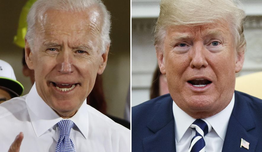 In this combination of file photos, former Vice President Joe Biden speaks in Collier, Pa., on March 6, 2018, and President Donald Trump speaks in the Oval Office of the White House in Washington on March 20, 2018. For a moment, West Virginia looked like it was going to be the only state in the country to allow betting on the presidential election. The short-lived play by bookmaker giant FanDuel was approved by the state lottery board. But it was announced and nixed within the span of about two hours Tuesday, April 7, 2020 in a bizarre sequence that appeared to baffle top government officials. Republican Gov. Jim Justice said it was ridiculous and he didn&#x27;t know why the lottery commission would approve such a deal. (AP Photo)