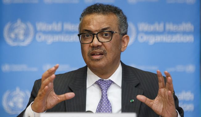 In this Monday, March 9, 2020, file photo, Director-General of the World Health Organization Tedros Adhanom Ghebreyesus speaks during a news conference on updates regarding the novel coronavirus, at the WHO headquarters in Geneva, Switzerland. (Salvatore Di Nolfi/Keystone via AP, file)