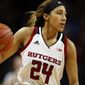FILE - In this Friday, Dec. 28, 2018, file photo, Rutgers guard Arella Guirantes handles the ball against Northwestern during an NCAA college basketball game, in Piscataway, N.J. Guirantes is headed back to Rutgers instead of choosing to enter the WNBA draft, which is scheduled to be held April 17, 2020. (AP Photo/Adam Hunger, File)