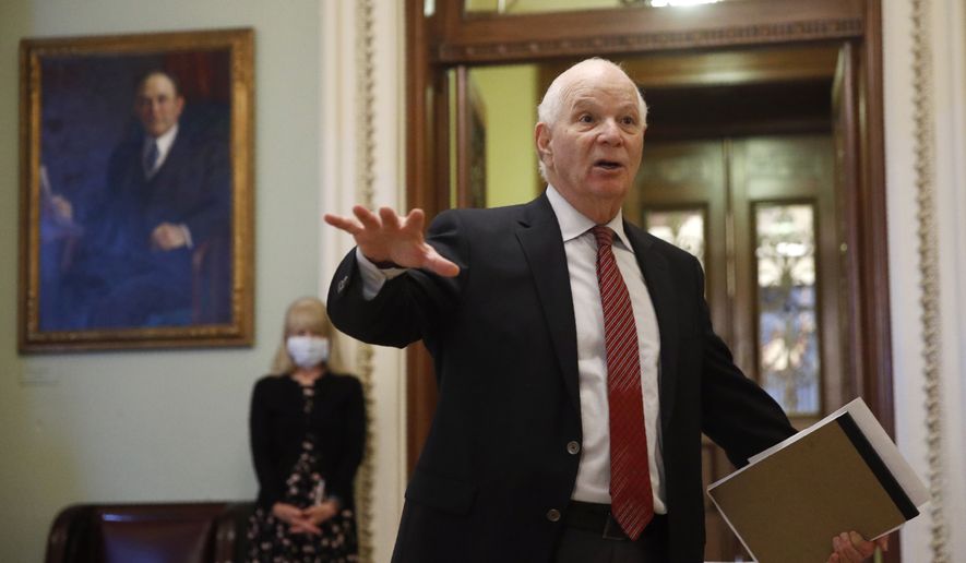 In this file photo, Sen. Ben Cardin, D-Md., speaks with reporters outside the Senate chamber on Capitol Hill in Washington, Thursday, April 9, 2020. (AP Photo/Patrick Semansky)  **FILE**