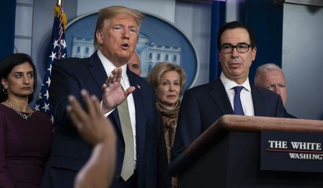 In this March 17, 2020, file photo Treasury Secretary Steven Mnuchin, right, listens as President Donald Trump speaks during a press briefing with the coronavirus task force, at the White House in Washington. (AP Photo/Evan Vucci) ** FILE **