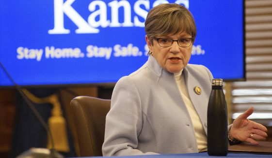 Kansas Gov. Laura Kelly speaks at a news conference to give updates on the COVID-19 outbreak Thursday, April 9, 2020 at the Statehouse in Topeka, Kan. (Evert Nelson/The Capital-Journal via AP]