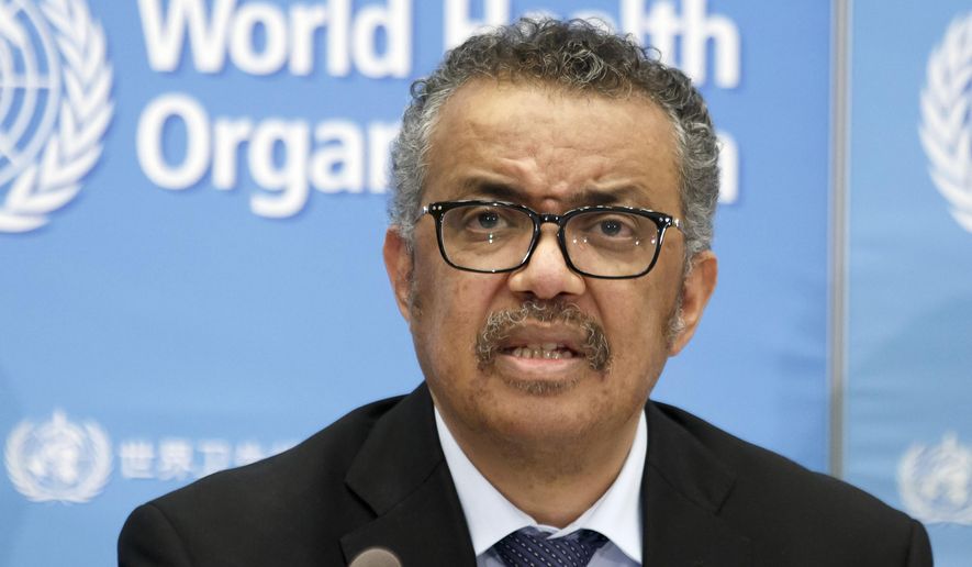 In this Feb. 24, 2020, photo, Tedros Adhanom Ghebreyesus, director-gneral of the World Health Organization (WHO), addresses a press conference about the update on COVID-19 at the World Health Organization headquarters in Geneva, Switzerland. Taiwan's foreign ministry on Thursday, April 8, 2020, strongly protested accusations from the head of the World Health Organization that it condoned racist personal attacks on him that he alleged were coming from the self-governing island democracy.  (Salvatore Di Nolfi/Keystone via AP) **FILE**
