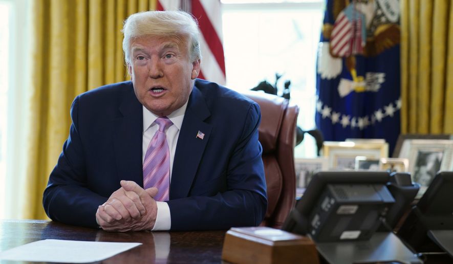 President Donald Trump speaks during an event in the Oval Office of the White House, Friday, April 10, 2020, in Washington. (AP Photo/Evan Vucci)