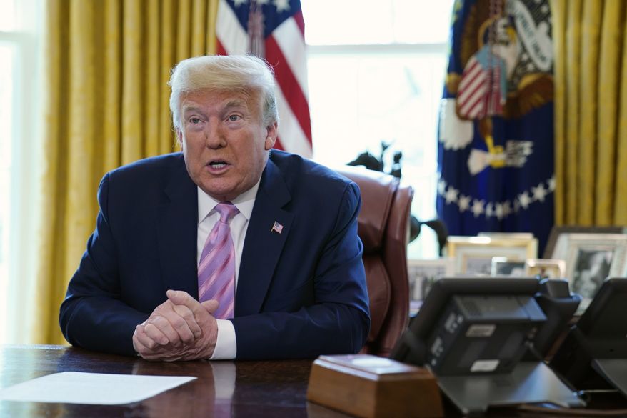 President Donald Trump speaks during an event in the Oval Office of the White House, Friday, April 10, 2020, in Washington. (AP Photo/Evan Vucci)