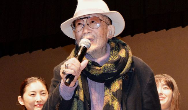 In this Dec. 2017, file photo, Japanese filmmaker Nobuhiko Obayashi speaks before the advance screening of his film Hanagatami, in Karatsu, Saga prefecture, western Japan.  Obayashi, one of Japan's most prolific filmmakers who devoted his works to depicting war’s horrors and singing the eternal power of movies, has died. He was 82.  The official site for his latest film, “Labyrinth of Cinema,” said on its online site Saturday, April 10, that Obayashi died late Friday, April 9. (Kyodo News via AP)