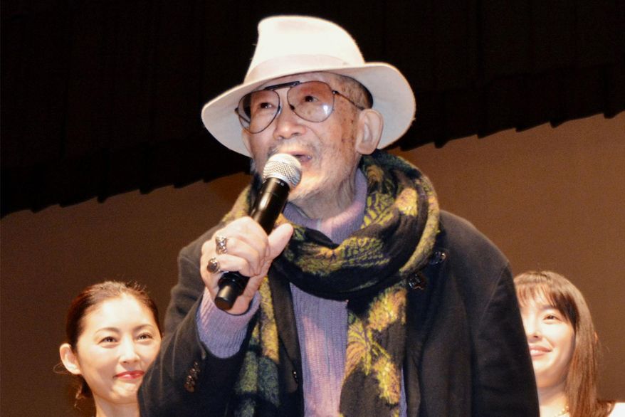 In this Dec. 2017, file photo, Japanese filmmaker Nobuhiko Obayashi speaks before the advance screening of his film Hanagatami, in Karatsu, Saga prefecture, western Japan.  Obayashi, one of Japan's most prolific filmmakers who devoted his works to depicting war’s horrors and singing the eternal power of movies, has died. He was 82.  The official site for his latest film, “Labyrinth of Cinema,” said on its online site Saturday, April 10, that Obayashi died late Friday, April 9. (Kyodo News via AP)
