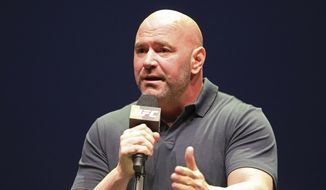 FILE - In this Sept. 19, 2019, file photo, UFC President Dana White speaks at a news conference in New York. UFC 249 has been canceled after ESPN and parent company Disney stopped White&#39;s plan to keep fighting amid the coronavirus pandemic. After defiantly vowing for weeks to maintain a regular schedule of fights, White announced the decision to cease competition Thursday, April 9, on ESPN, the UFC&#39;s broadcast partner. (AP Photo/Gregory Payan, File)
