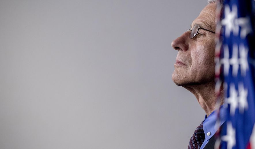 Dr. Anthony Fauci, director of the National Institute of Allergy and Infectious Diseases, appears at a news conference about the coronavirus in the James Brady Press Briefing Room of the White House, Thursday, April 9, 2020, in Washington. (AP Photo/Andrew Harnik)