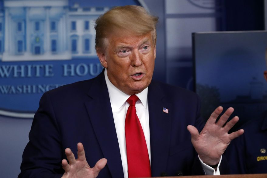 President Donald Trump speaks about the coronavirus in the James Brady Press Briefing Room of the White House, Monday, April 6, 2020, in Washington. (AP Photo/Alex Brandon)