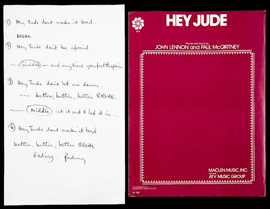 A plain handwritten paper containing the original lyrics of "Hey Jude" by former Beatle Paul McCartney fetched $910,000 in a memorabilia auction in Los Angeles. (Image courtesy of Julien's Auctions)