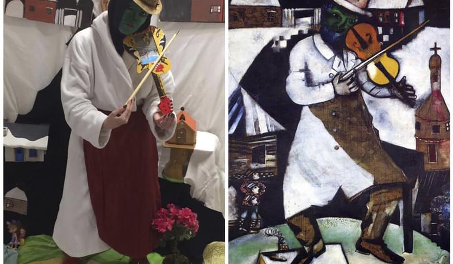 In this two photo combo, an undated copy of Marc Chagall's 'Green Fiddle Player' artwork, right and Galina Vishnevskaya's recreation for the Izoizolyacia Facebook page, left, taken in Moscow, on Tuesday, April 7, 2020. In the coronavirus lockdown, Russians can't go to their beloved and renowned museums. So they're filling the holes in their souls by recreating artworks while stuck at home and posting them on social media.(Galina Vishnevskaya via AP)'
